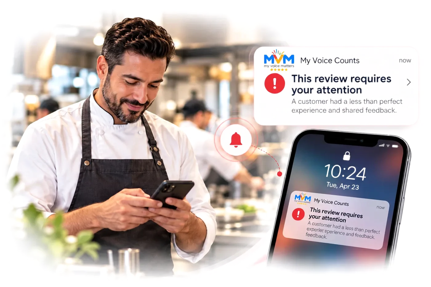 Restaurant owner receiving a My Voice Matters alert on his phone that a customer shared feedback