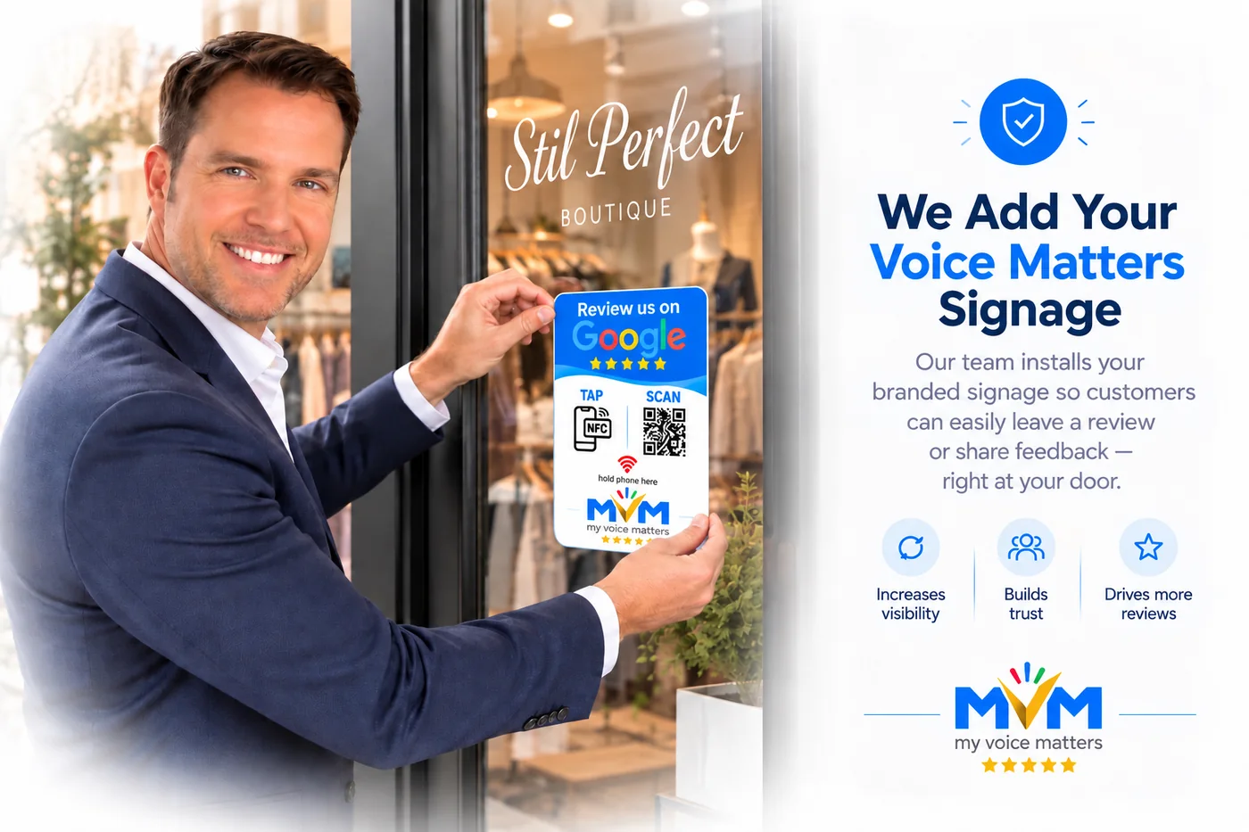 Our team installing a My Voice Matters review sign on a boutique door