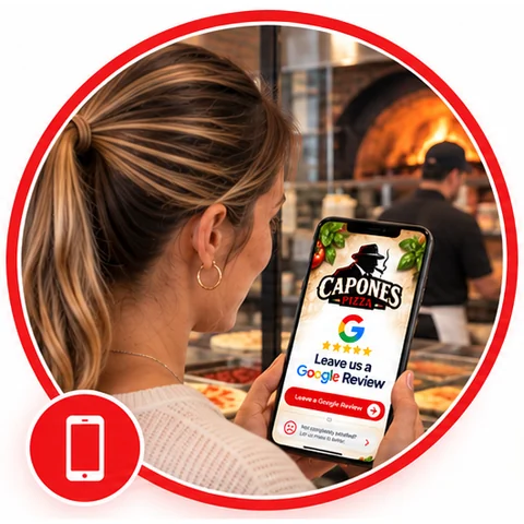 A customer holding her phone with the restaurant review page open