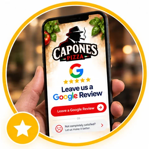 A phone showing the Leave a Google Review button and the Not completely satisfied option