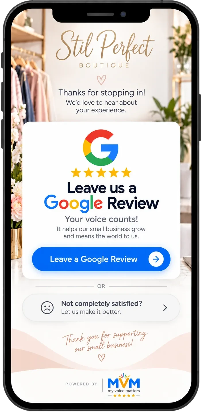 A branded review page on a phone with a Leave a Google Review button and a Let us make it better option underneath